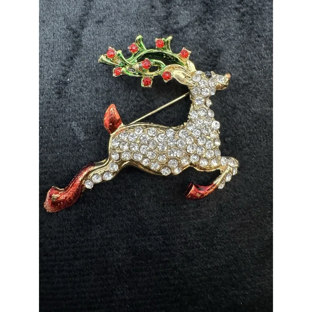 Christmas Reindeer Brooch Rhinestone Pave Gold Tone Red Enamel Holly Pin - Picture 10 of 10